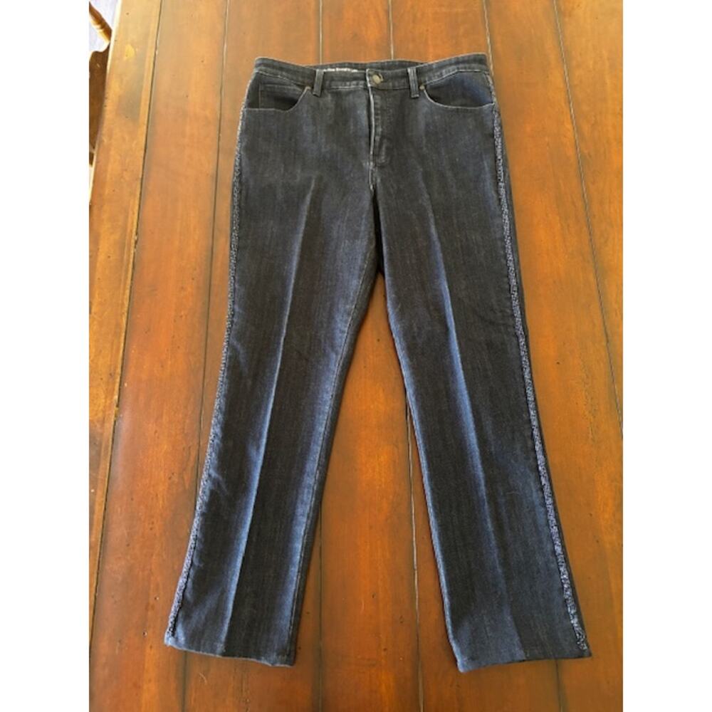 Talbots Size 14 Flawless Denim Blue Jeans‎ Straight Leg High Waist Beaded Detail